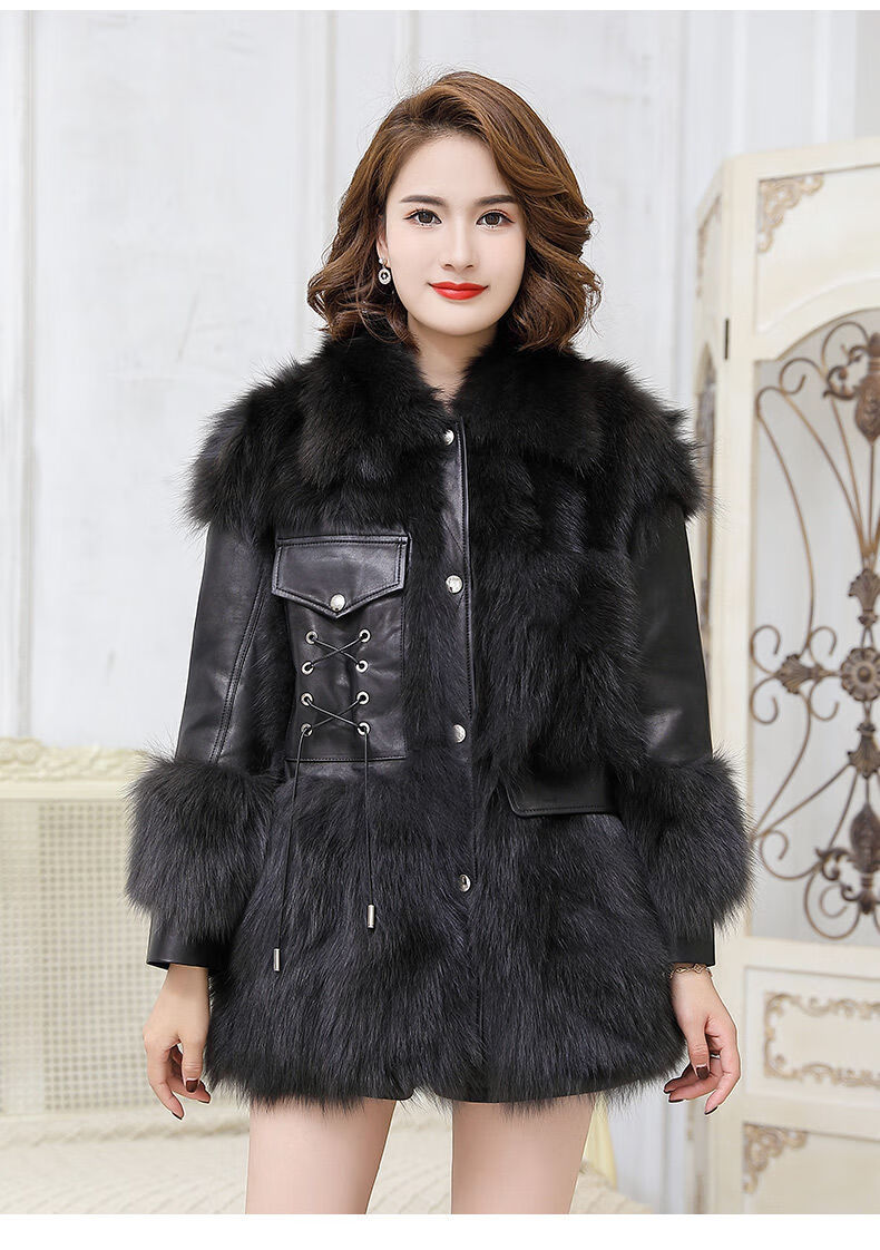 高档轻奢海宁皮草时尚冬季女装长袖外套绵羊皮大衣 军绿 s