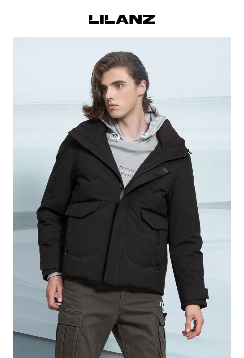 利郎官方羽绒服男连帽2020新款时尚休闲男羽绒服 黑(q9drf0121y) 170