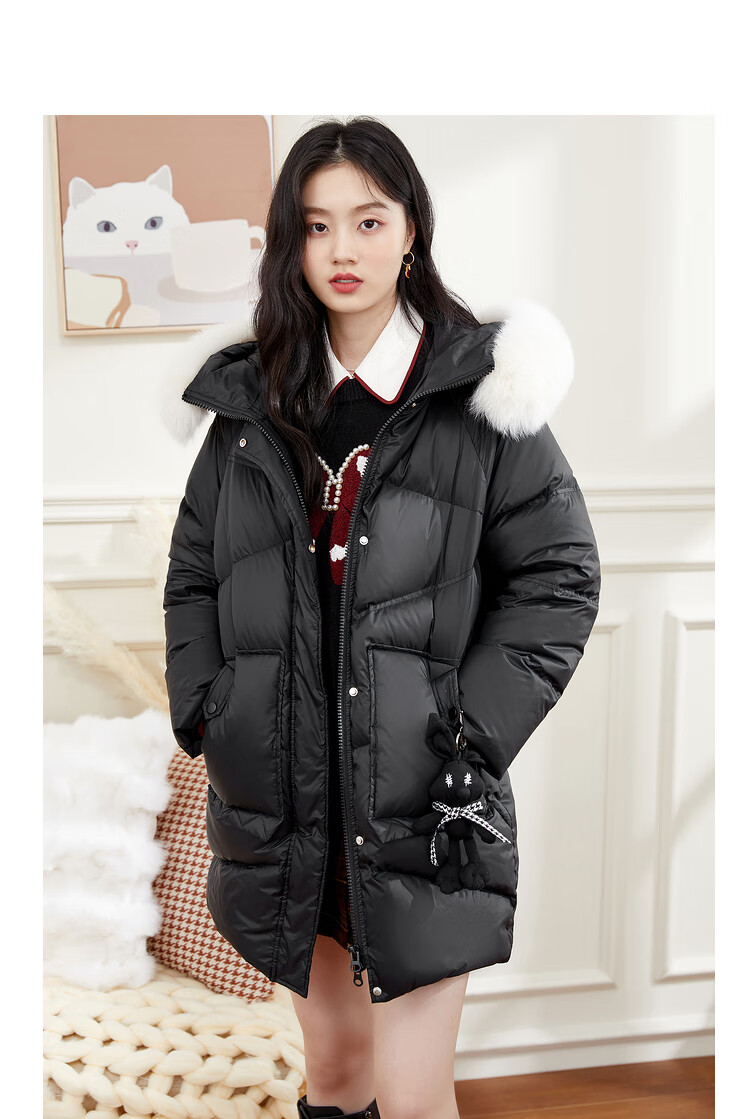 秋水伊人通勤大气毛领保暖长羽绒服2021年冬季新款女装羽绒服 黑色 m