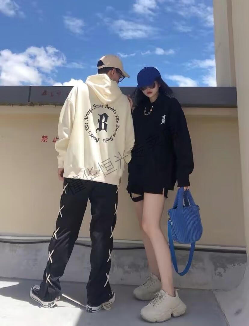 圈环印花落肩宽松套头连帽卫衣情侣款bendls橦华官方旗舰 米白色 t恤