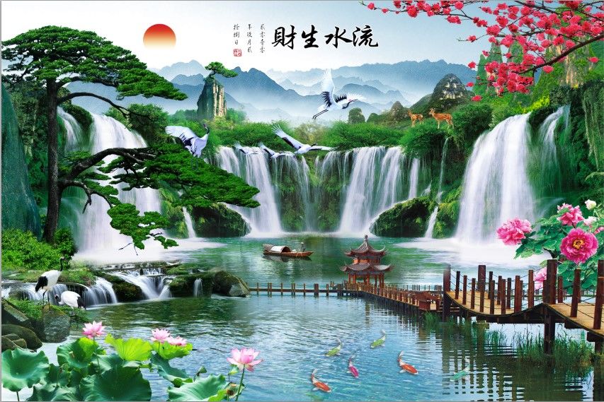 (特价)贴画墙贴壁画壁纸自粘墙纸中式客厅山水画风水墙画装饰电视背景