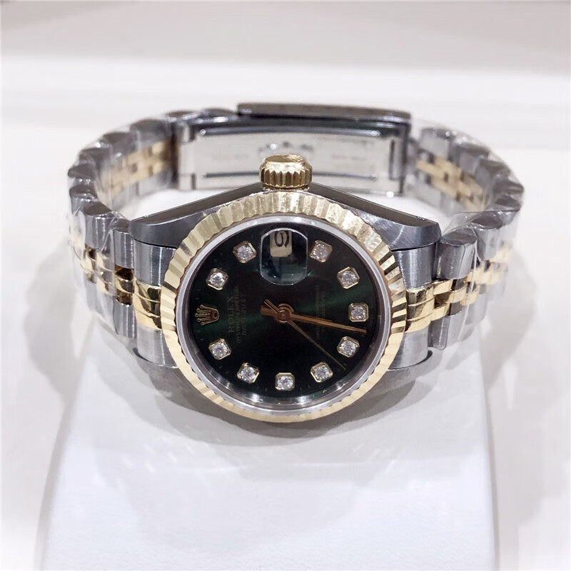 二手95新劳力士69173后镶钻绿盘18k黄金精钢自动机械女表女士腕表瑞士