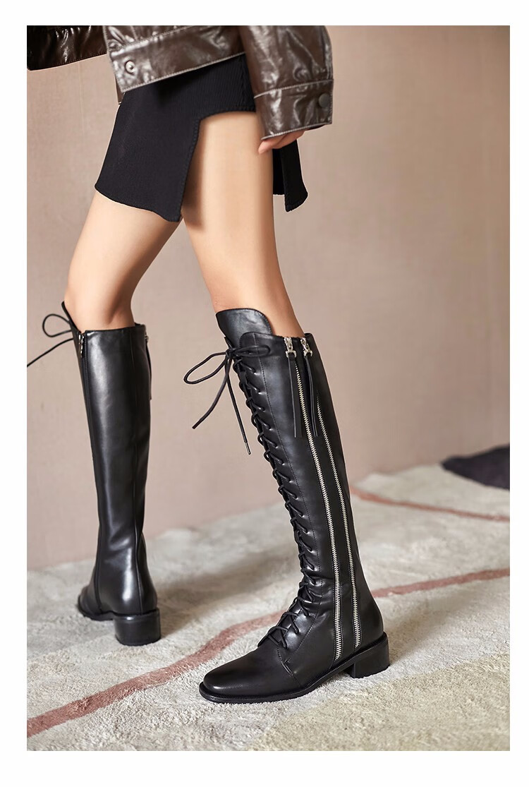 catranzo品牌全皮长筒靴女2020年新款显瘦不过膝系带骑士靴子侧拉链中