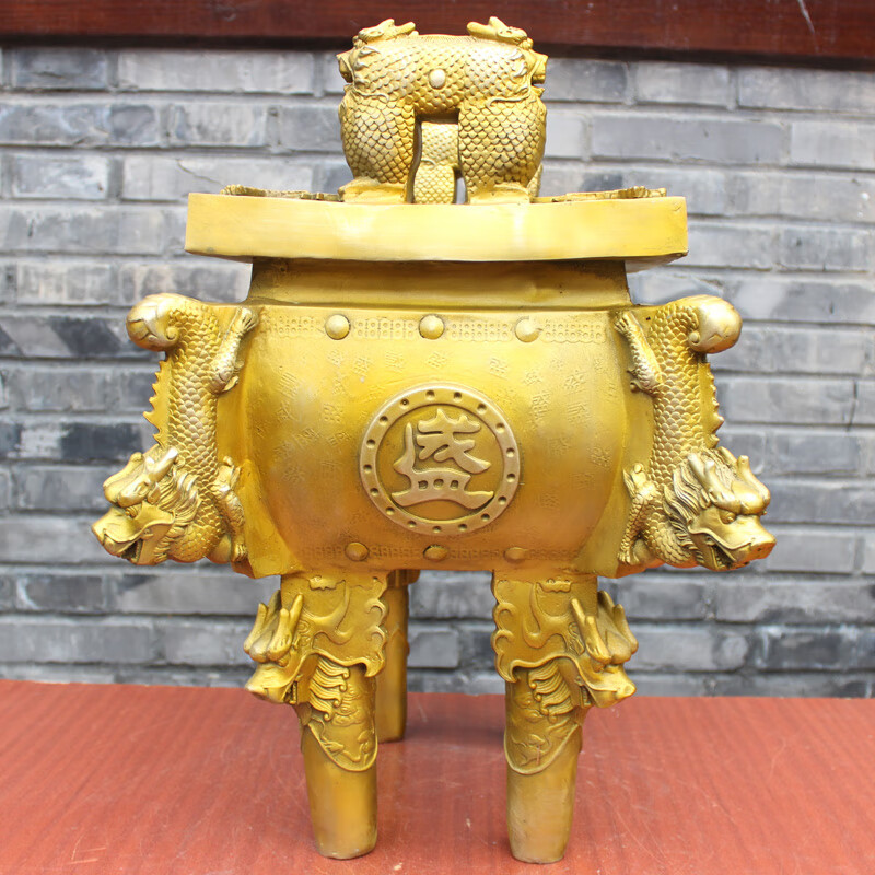 真全铜器纯铜鼎黄铜鼎盛字鼎龙纹鼎四方鼎四足鼎工艺品摆件盛字龙纹鼎