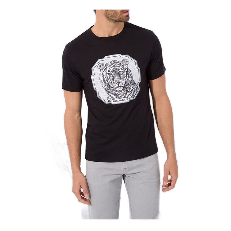 stefano ricci/史蒂芬男装t恤上衣棉混纺圆领短袖老虎图案英文卷轴