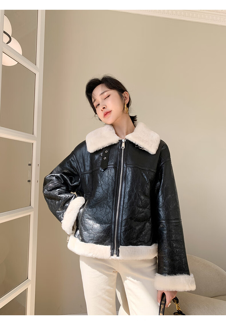泊诗兰2020冬季美利奴羊皮毛一体外套女羊羔毛短款机车真皮皮衣女皮草
