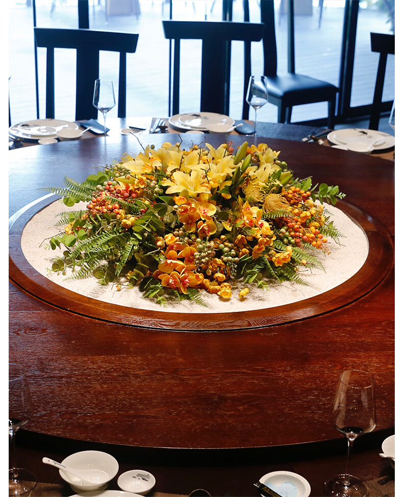 野派中式餐桌花摆花圆桌装饰花艺摆件酒店餐厅转盘桌面假花仿真花摆设