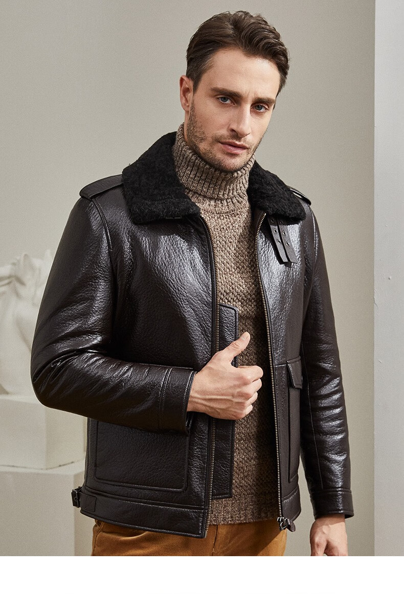 雪豹真皮皮衣男皮夹克头层绵羊皮复合皮毛一体秋冬羊毛翻领机车外套深