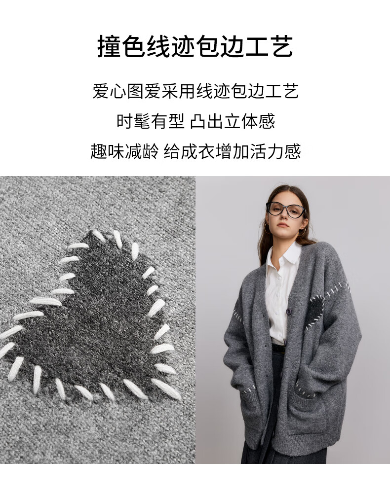 BASIC HOUSE/百家好格雷系慵懒冬季2024针织开衫撞色毛衣外套女2024冬季慵懒针织开衫 灰色 S详情图片8