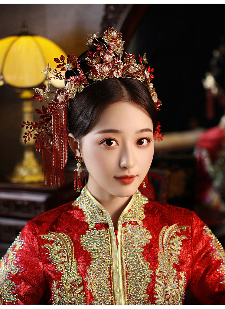 zhangu新娘头饰中式大气流苏古装秀禾服凤冠结婚秀禾头饰新款红色绮涵