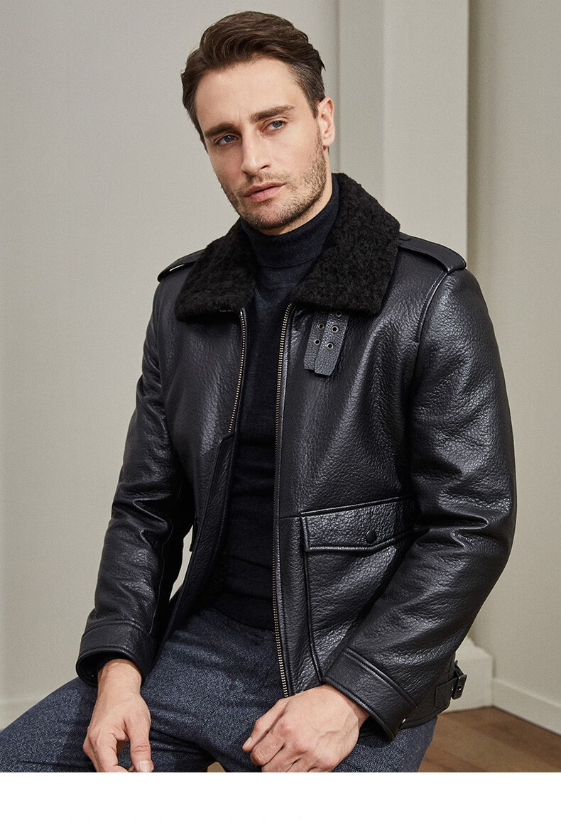 雪豹真皮皮衣男皮夹克头层绵羊皮复合皮毛一体秋冬羊毛翻领机车外套深