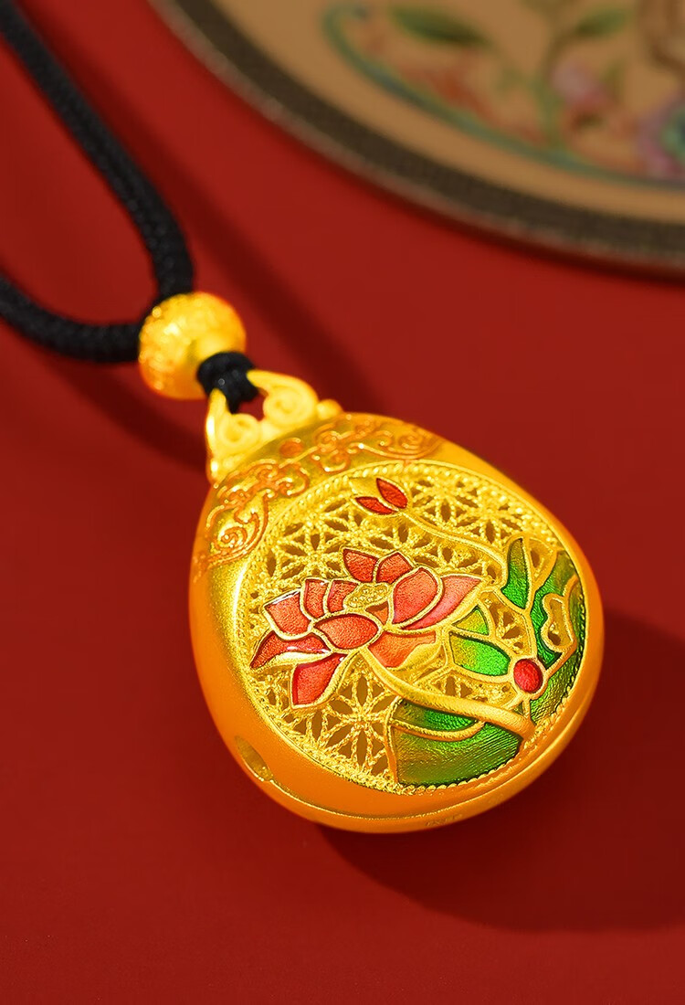 凤禧珠宝黄金吊坠时尚足金项链女足金珐琅莲花六字真言福莲吊坠送妈妈