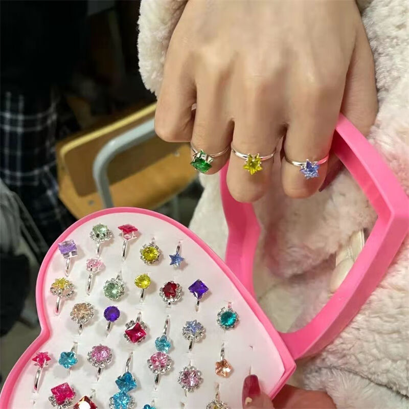 抖音同款水钻戒指儿童七彩开口宝石戒指儿童彩色戒指宝宝礼物彩色宝石