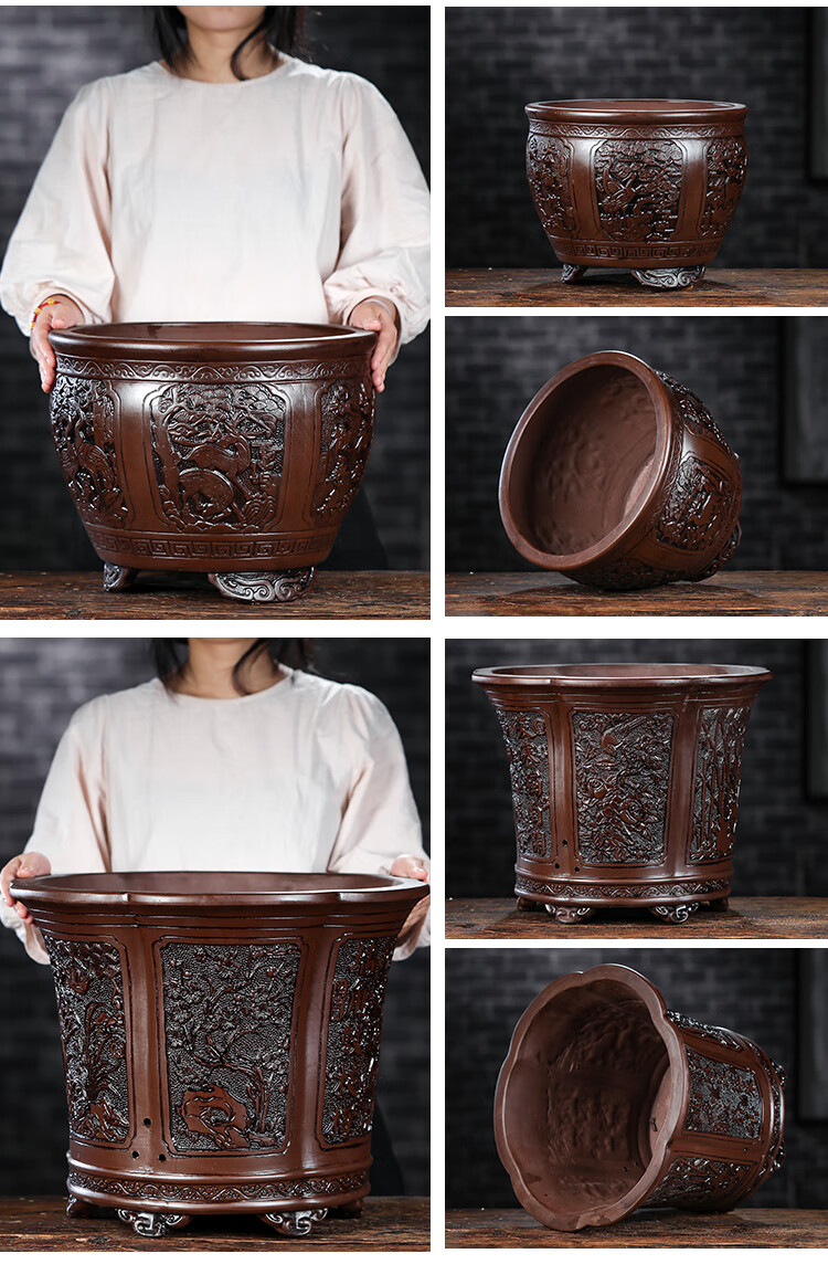 特大紫砂花盆圆形梅花老桩盆景盆仿古种铁树盆景盆种菜陶瓷花盆中国风