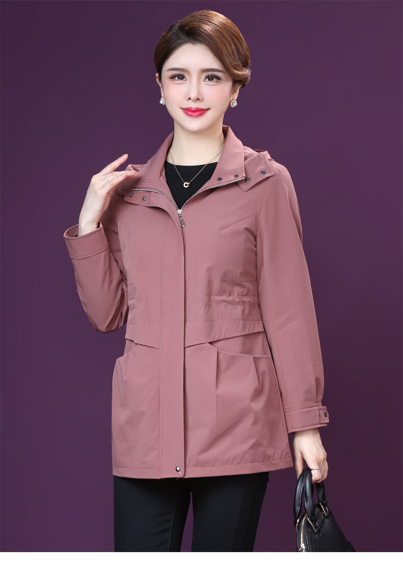 中老年春秋风衣外套女甘甘的世界2020大码妈妈短款休闲连帽上衣 豆沙