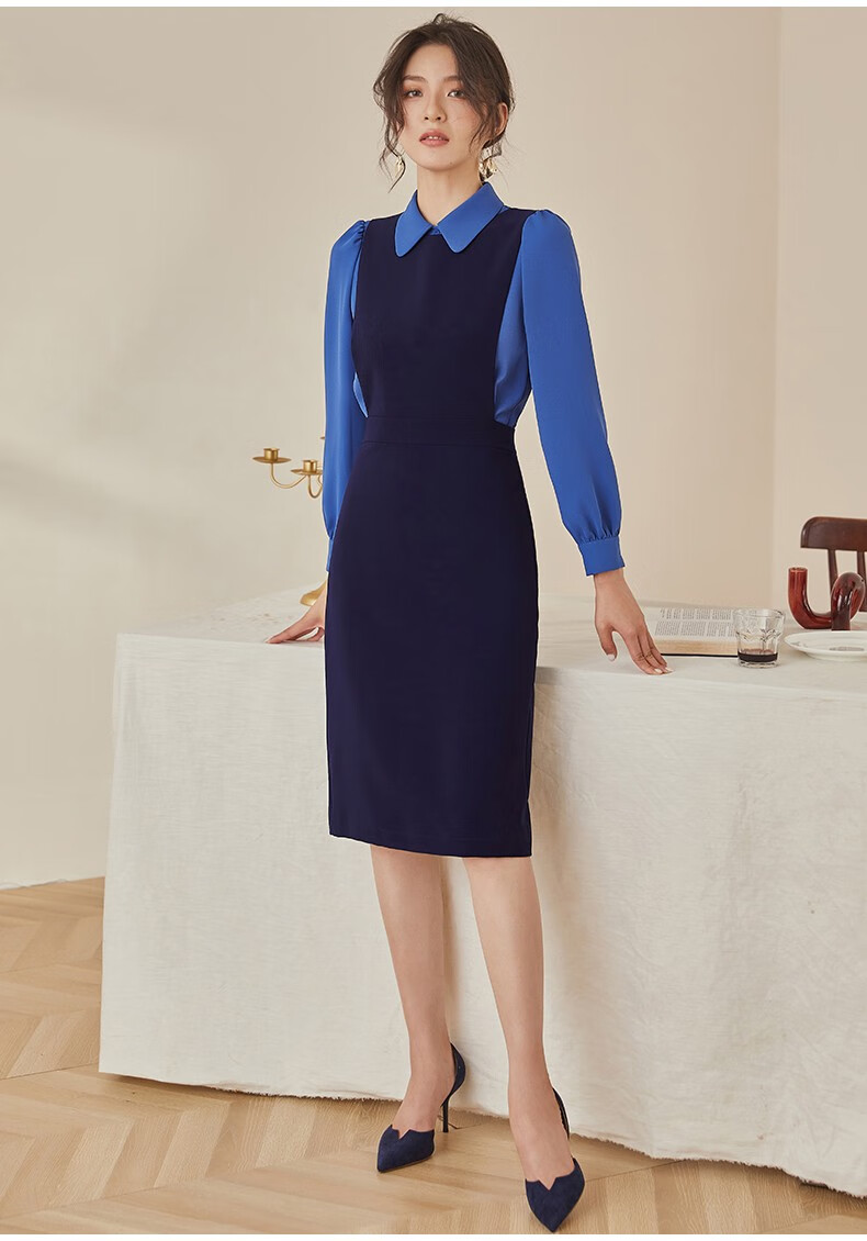 roeyshouse罗衣气质纯色时尚秋装新款知性套装连衣裙女03024蓝黑色l