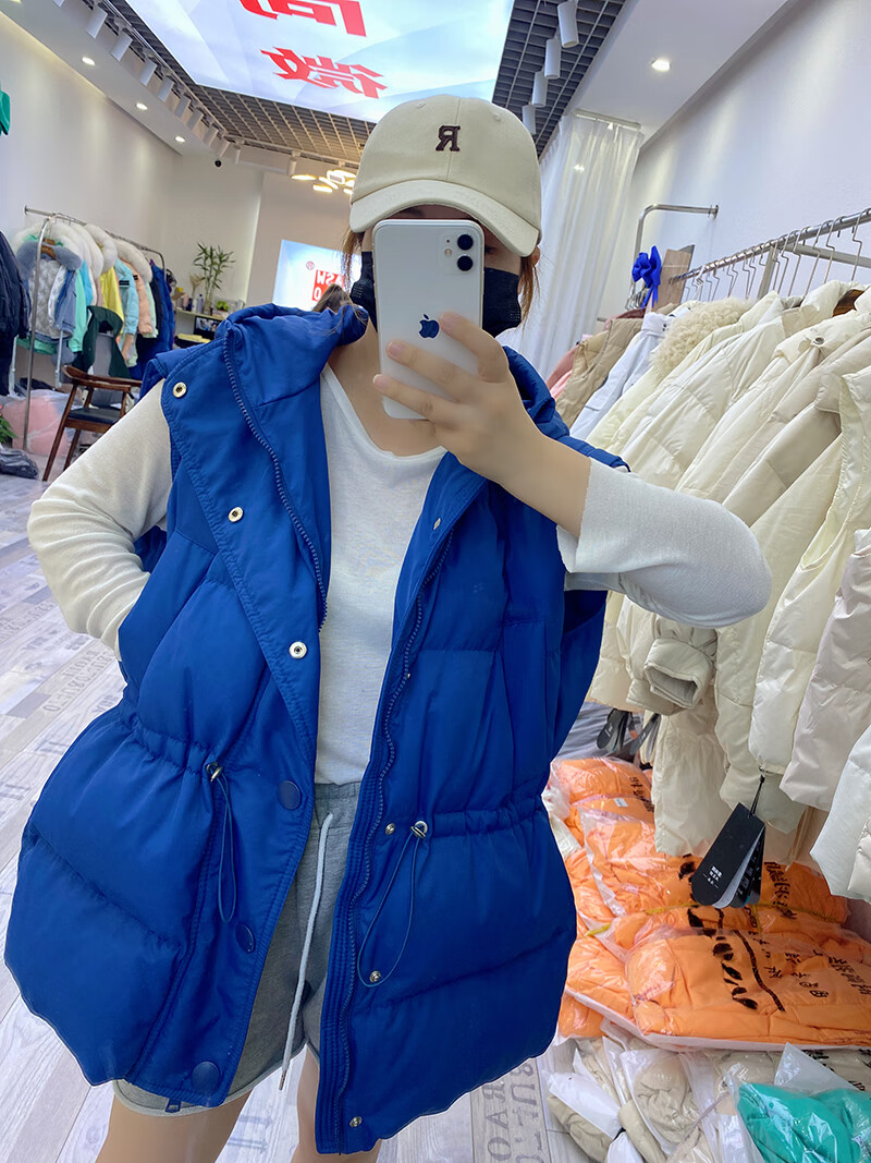 羽绒服韩国2021新款秋冬服女马甲短款时尚修身连帽无袖外套潮蓝色均码
