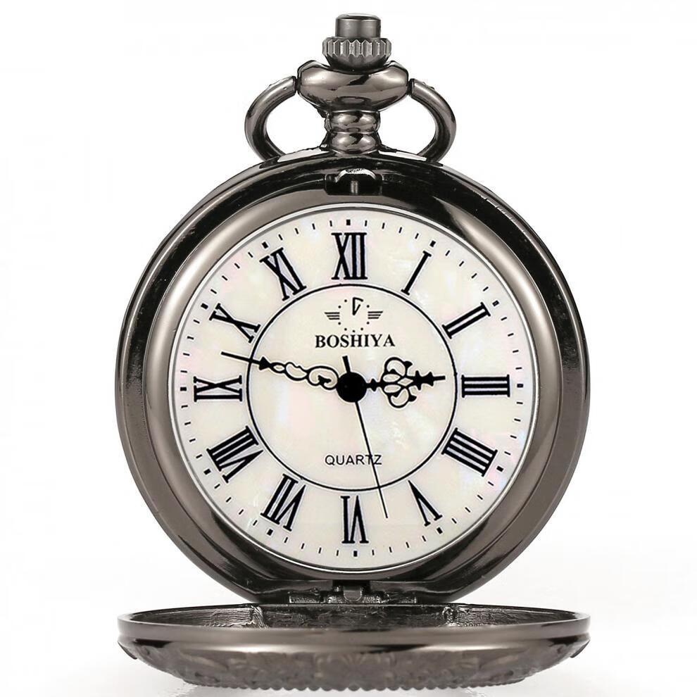 复古镂空翻盖怀表假贝壳表盘罗马字面男女项链捡漏全自动机械表 黑色