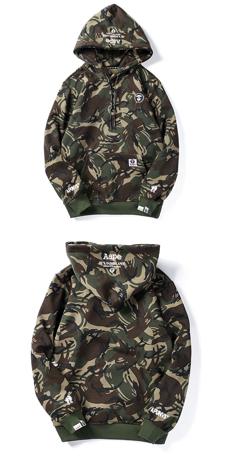 秋冬潮牌aape迷彩猿人头印花长袖套头加绒连帽卫衣男女情侣外套衫