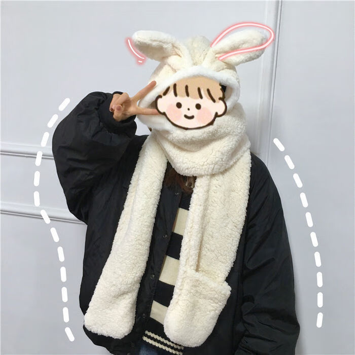 冬耳朵帽子围巾手套一体连帽围脖女学生冬季加白色兔子帽子