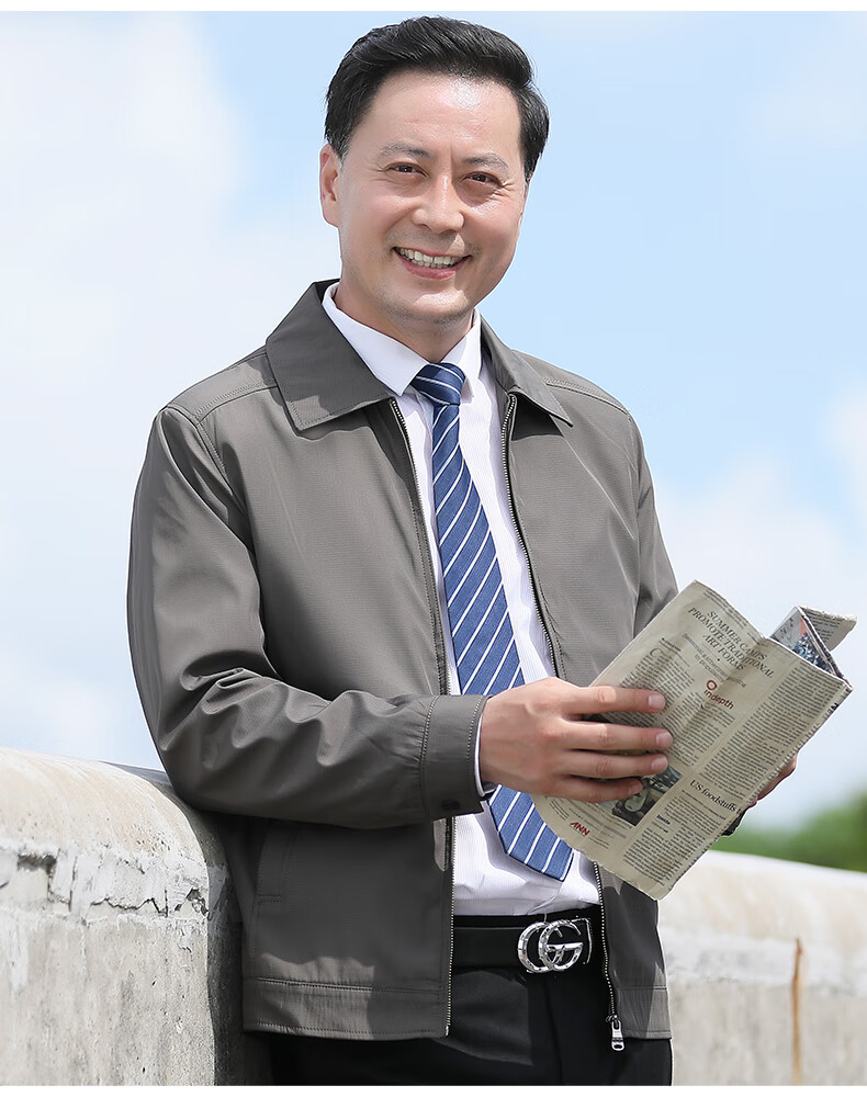 年轻领导干部服装书记行政款夹克爸爸春秋装中年男士外套翻领薄款春季