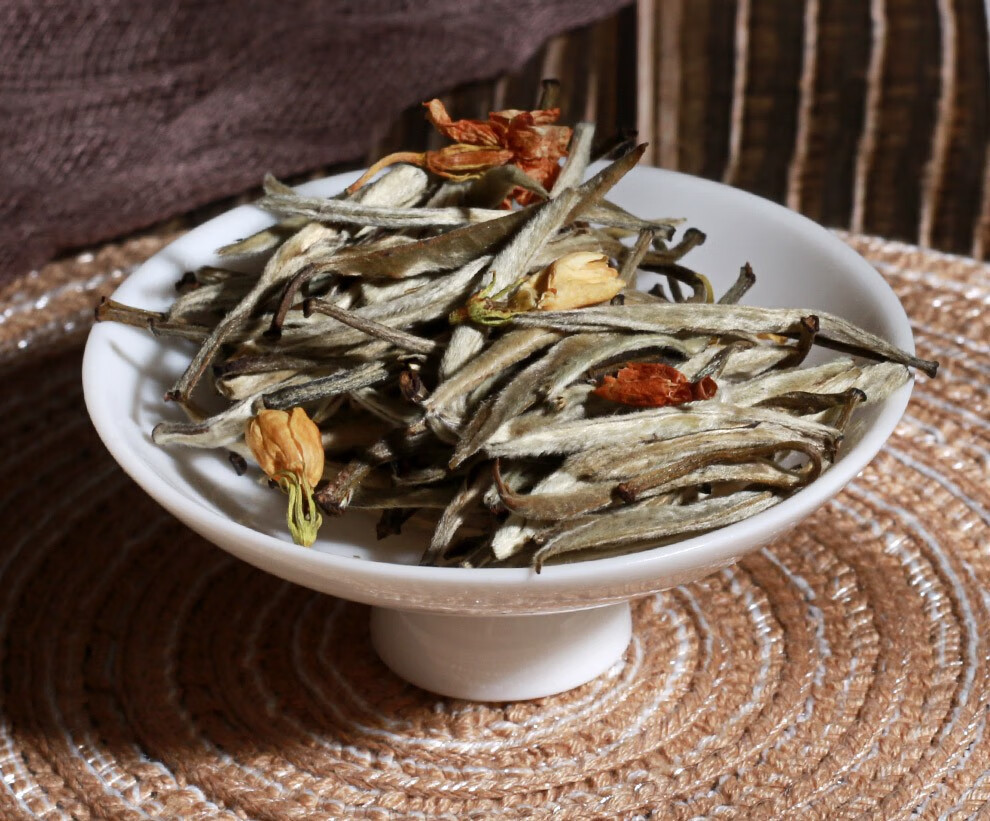宫明茶叶 特级全生态古树茉莉白茶 古法茉莉花茶 白毫银针散茶 听梅