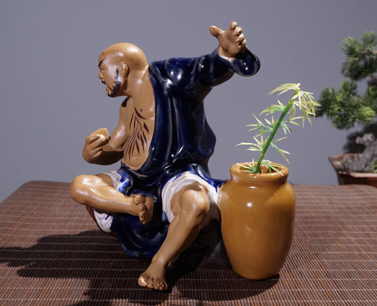 盆景配件石湾公仔鱼缸假山装饰品陶瓷人物摆件下棋翁弹琴吹笛高士y83