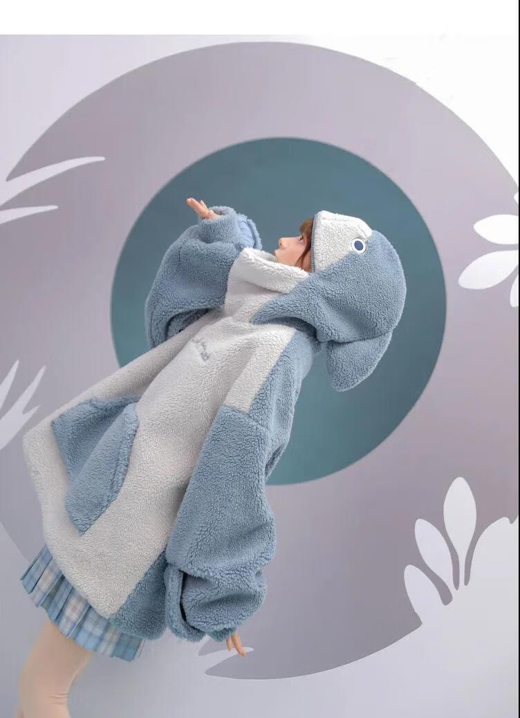 超萌自闭鲨鱼小众设计感羊羔绒卫衣女学生秋冬新款宽松加绒厚外套