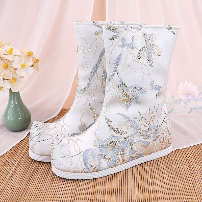 原创古装靴子女中国风内增高古风鞋子女汉服鞋百搭 悠然/白/增高4cm