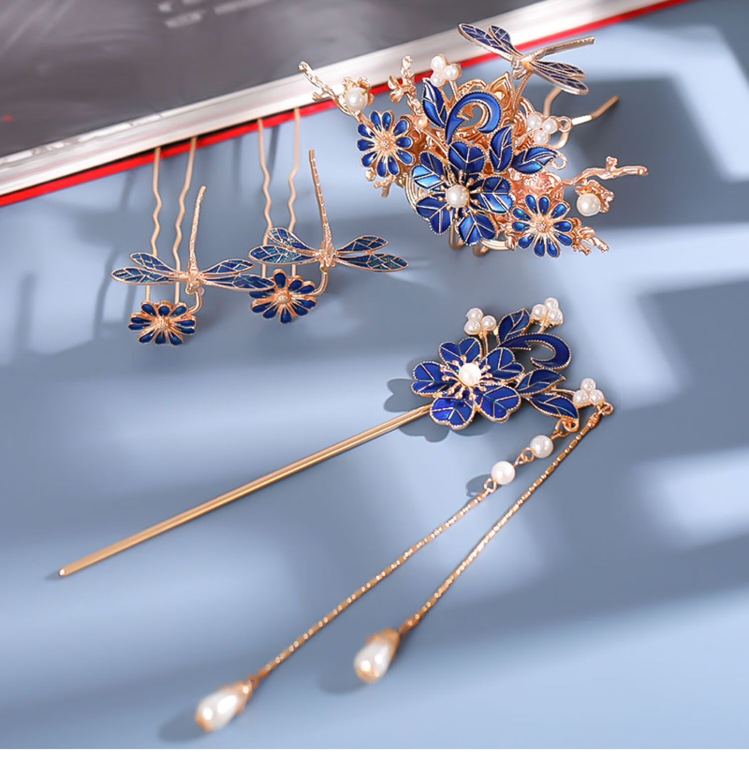 贡弗古装烧蓝发饰点翠蜻蜓发簪发冠套装珍珠流苏发钗簪子汉服头饰全套