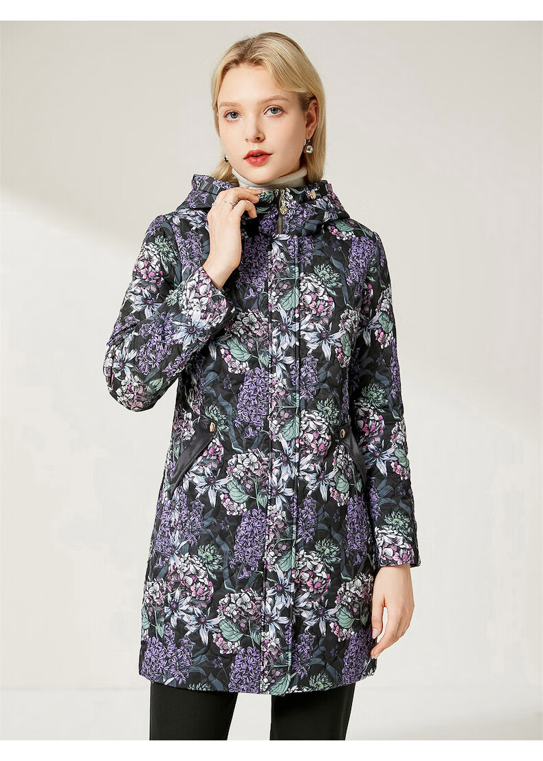 沐兰优雅印花棉衣外套2021冬季新款女士连帽撞色加厚花棉服中长款克