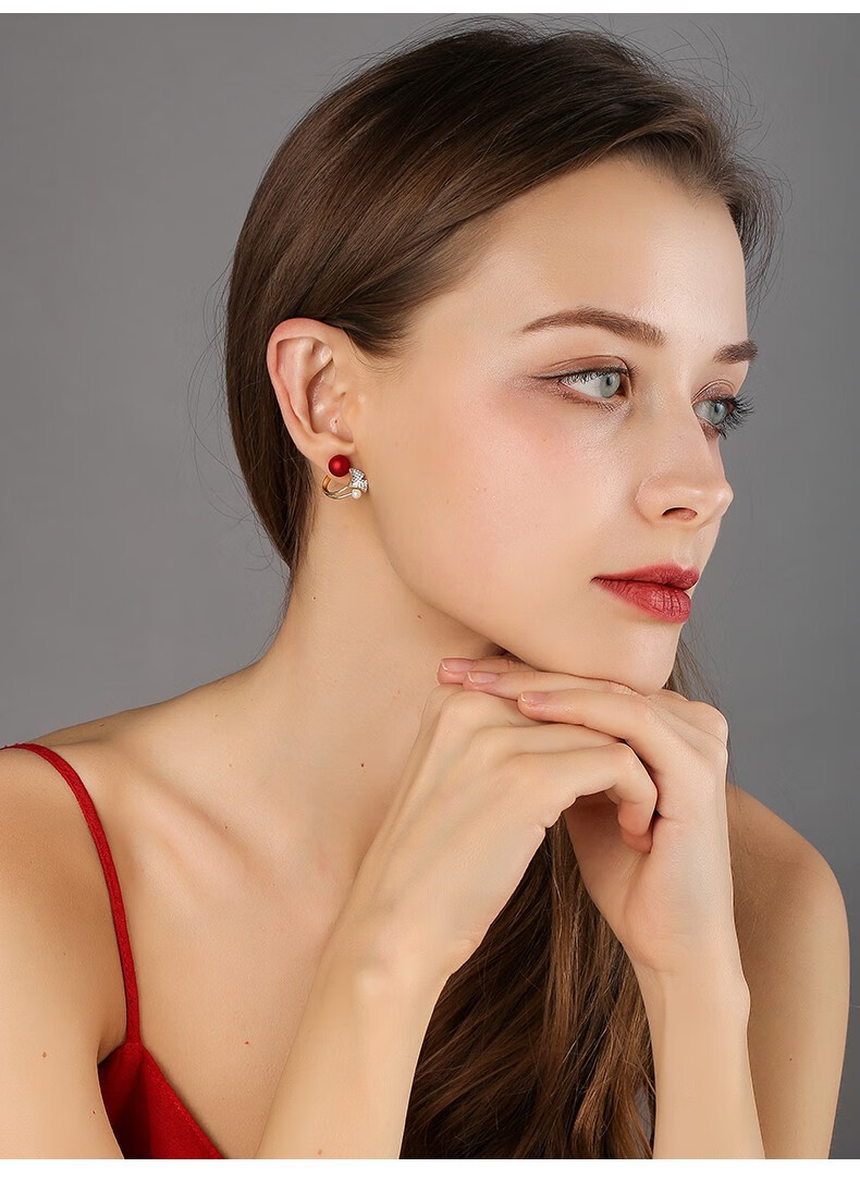 扇形红色珍珠耳环女过年红耳钉高级感气质耳饰2021年新款潮耳坠春夏款