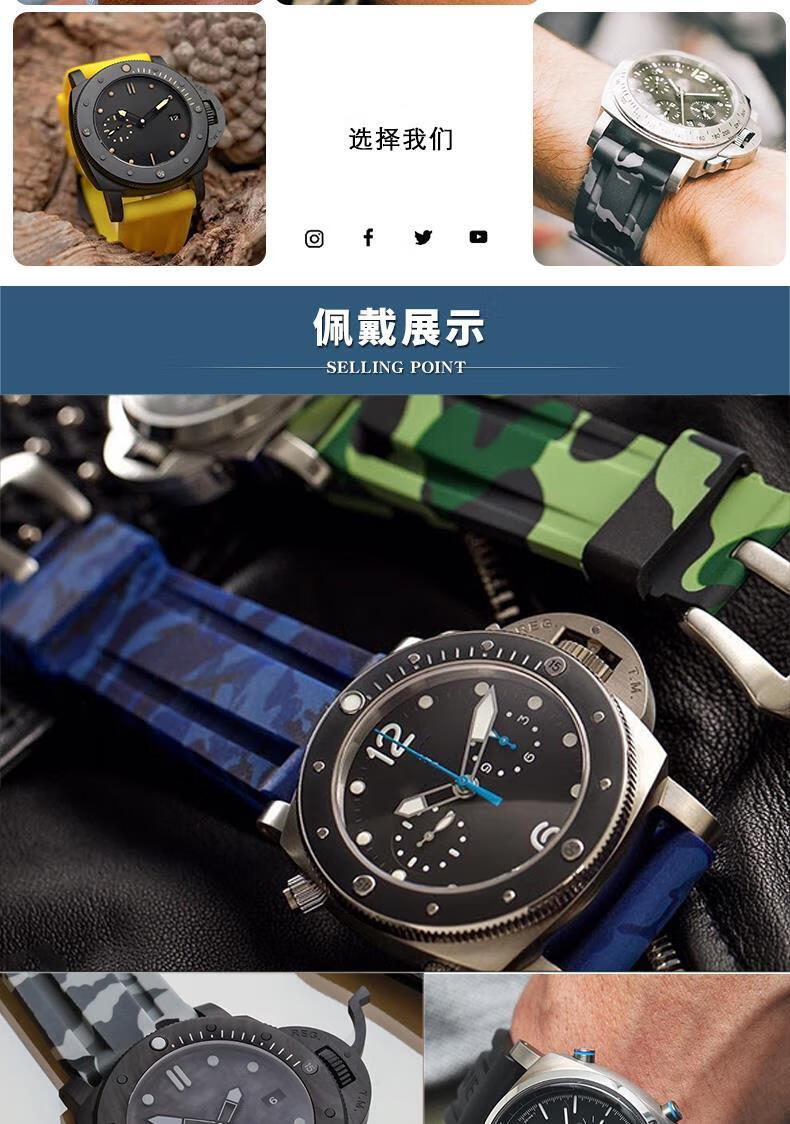 沛納海橡膠錶帶panerai441 大海機械錶硅膠錶帶男22 24 26mm 黑色-鋼