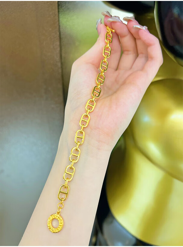 小腰金 猪鼻子黄金手链女网红六芒星时尚款欧美风ot扣链条999足金加长