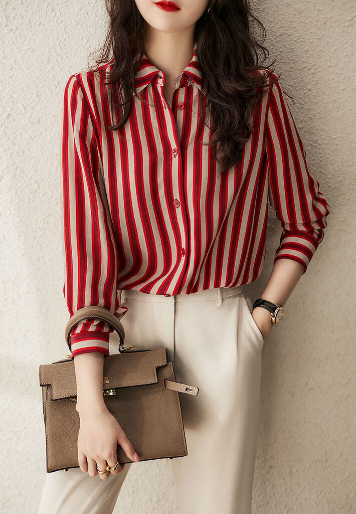 衬衫女长袖春季女装2022新款潮衬衣春秋款气质宽松雪纺衫上衣红色m