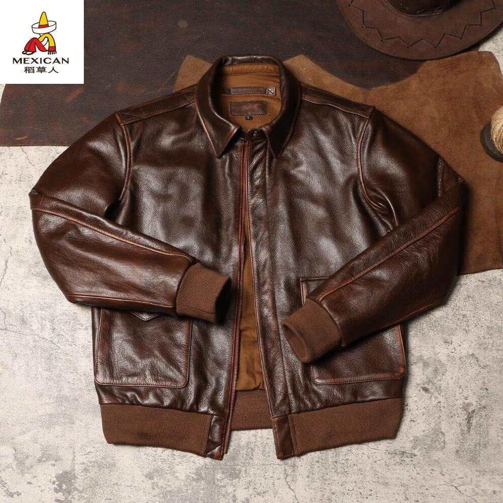 稻草人a2橄榄色茶芯牛皮员皮衣复古擦色真皮翻领外套男士飞行服夹克
