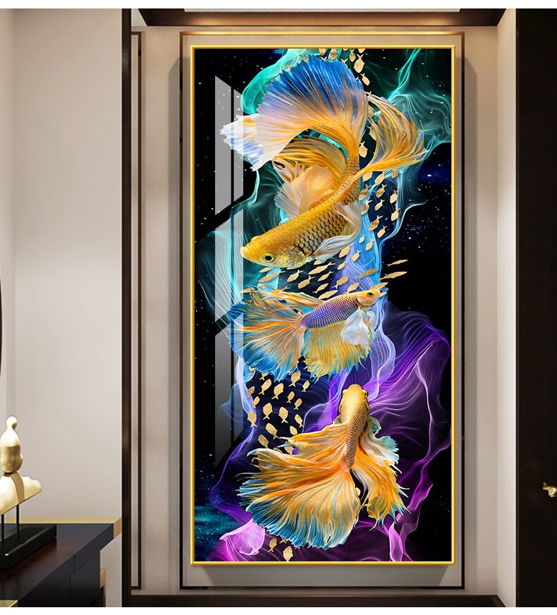 惠菲乐 九鱼图入户玄关装饰画竖版九龙鱼挂画楼梯走道玄幻壁画过道