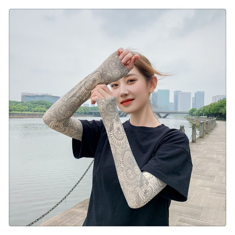 男女手袖冰丝纹身袖套无缝一体夏季花臂护臂手臂套袖肤色红线巴格均码