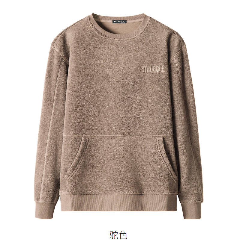 骆驼camel男装秋冬新款加绒卫衣男韩版摇粒绒字母刺绣上衣外穿潮驼色