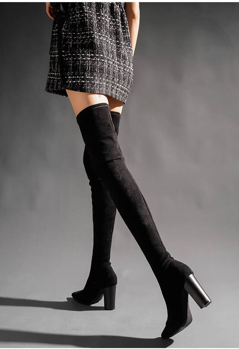 简梦伊长筒靴女粗腿秋冬超长靴女过膝盖长筒靴高跟显瘦大腿靴粗跟尖头