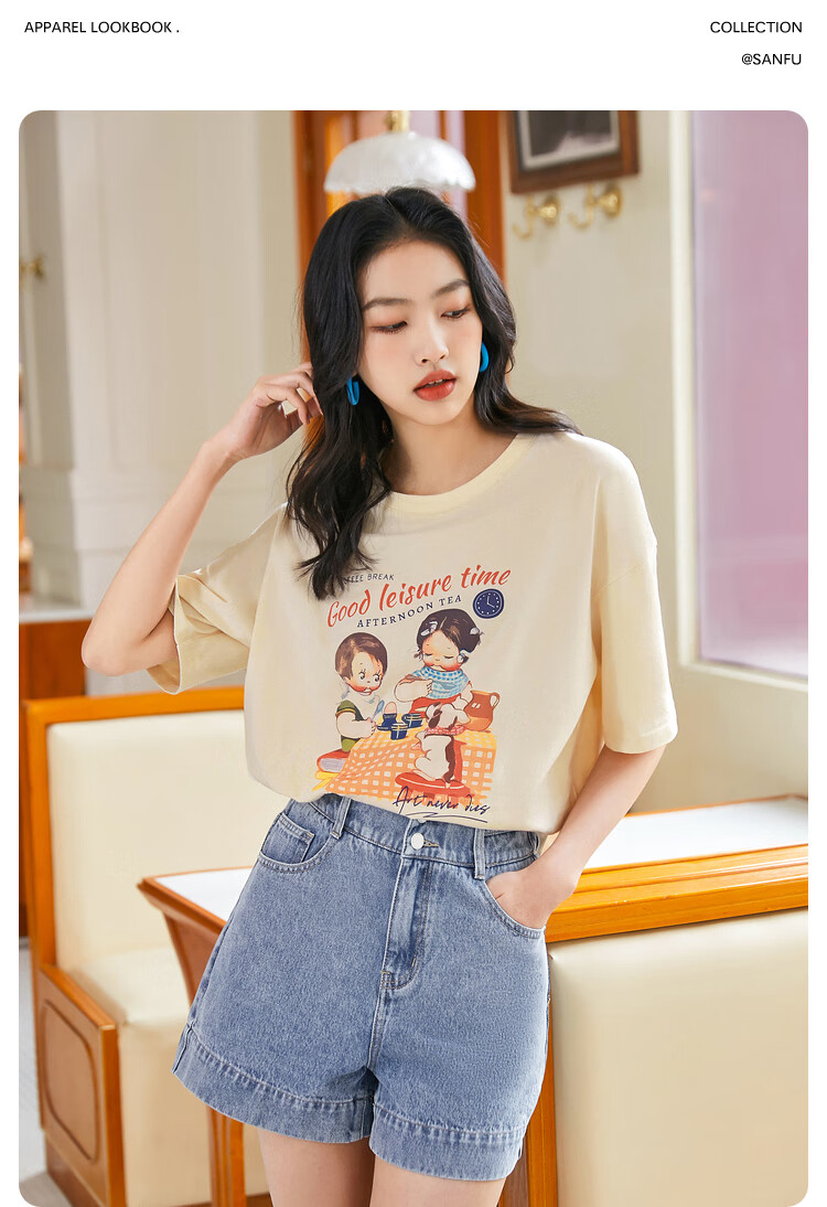 三福短t恤2022夏季女校园风格宽松版型时尚上衣女装452227蓝色画布