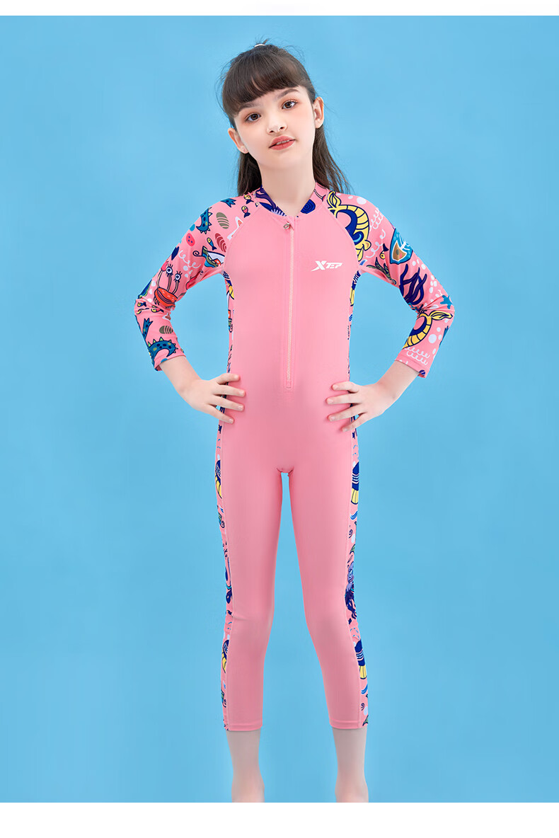 特步儿童泳衣连体女童2022新款小女孩夏季中大童专业训练游泳装备 粉