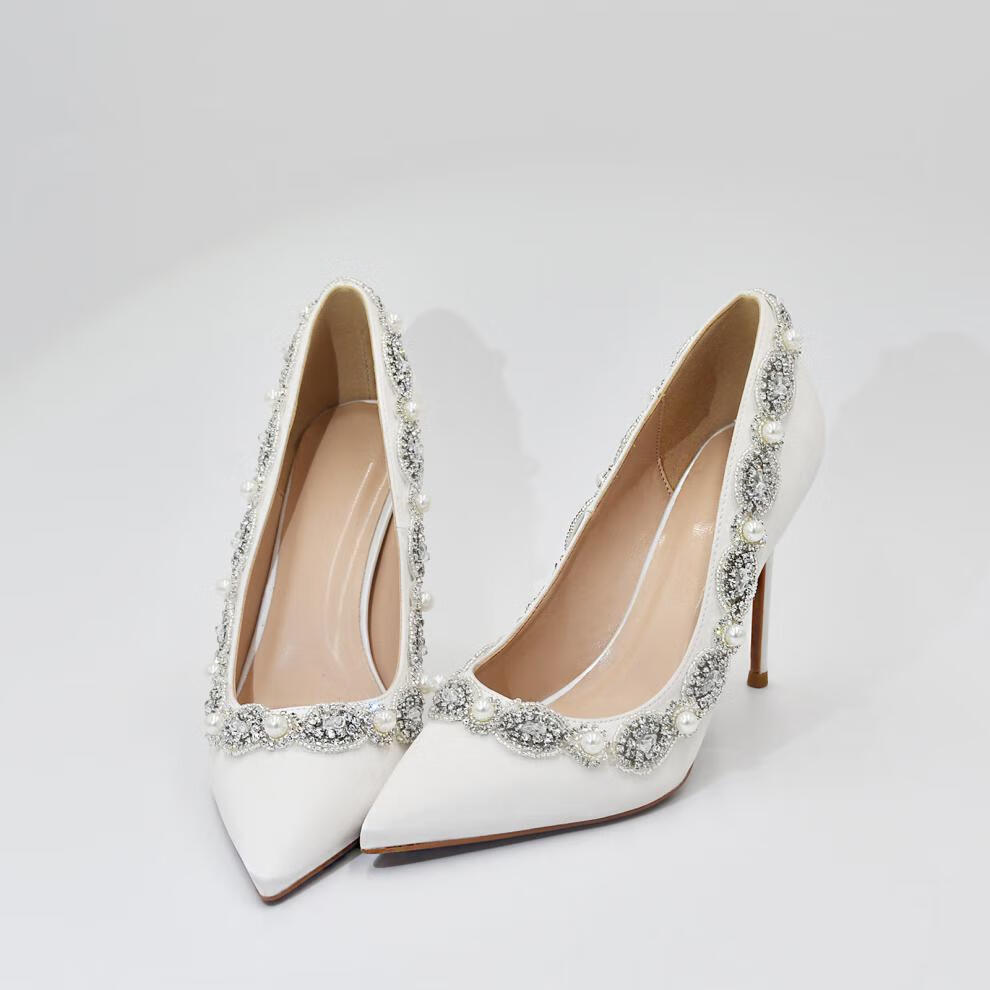 2022新款婚鞋尖头缎面婚鞋伴娘鞋日常细跟高跟鞋 白色 36【图片 价格