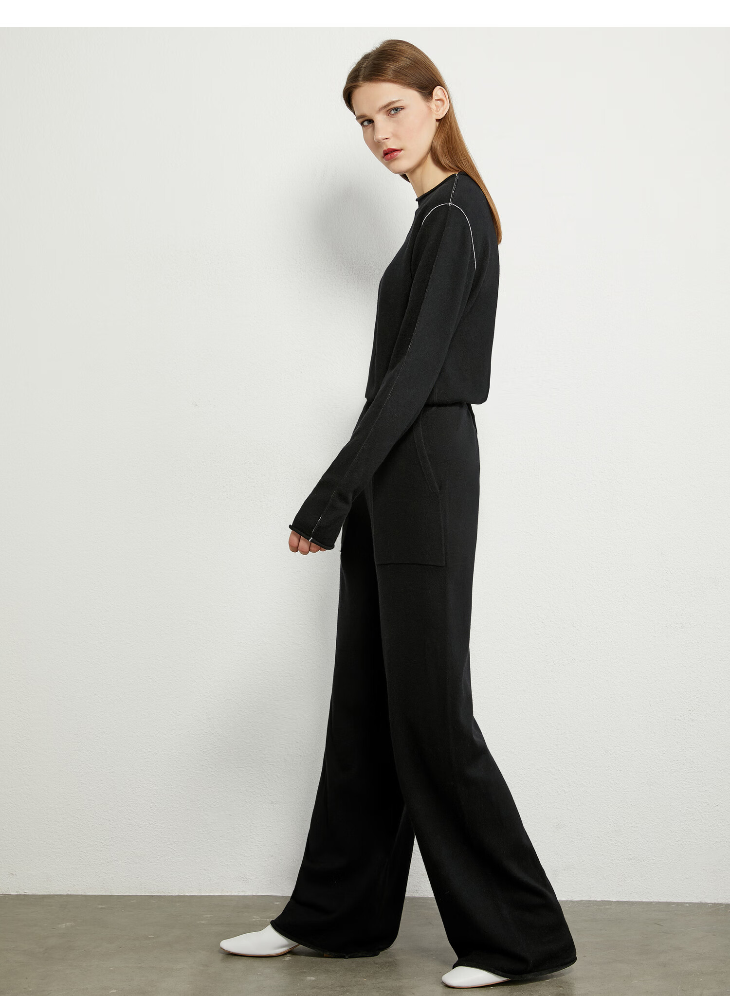 amii极简洋气显高阔腿裤女2020秋新款宽松显瘦卷边橡筋毛织长裤 黑色