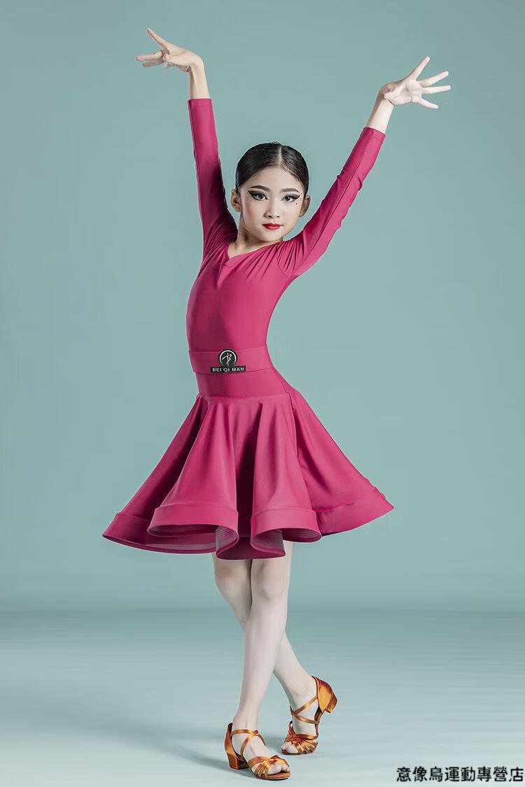 拉丁舞比赛服专业儿童长袖少儿演出服规定服秋冬恰恰舞蹈服装藏青色s