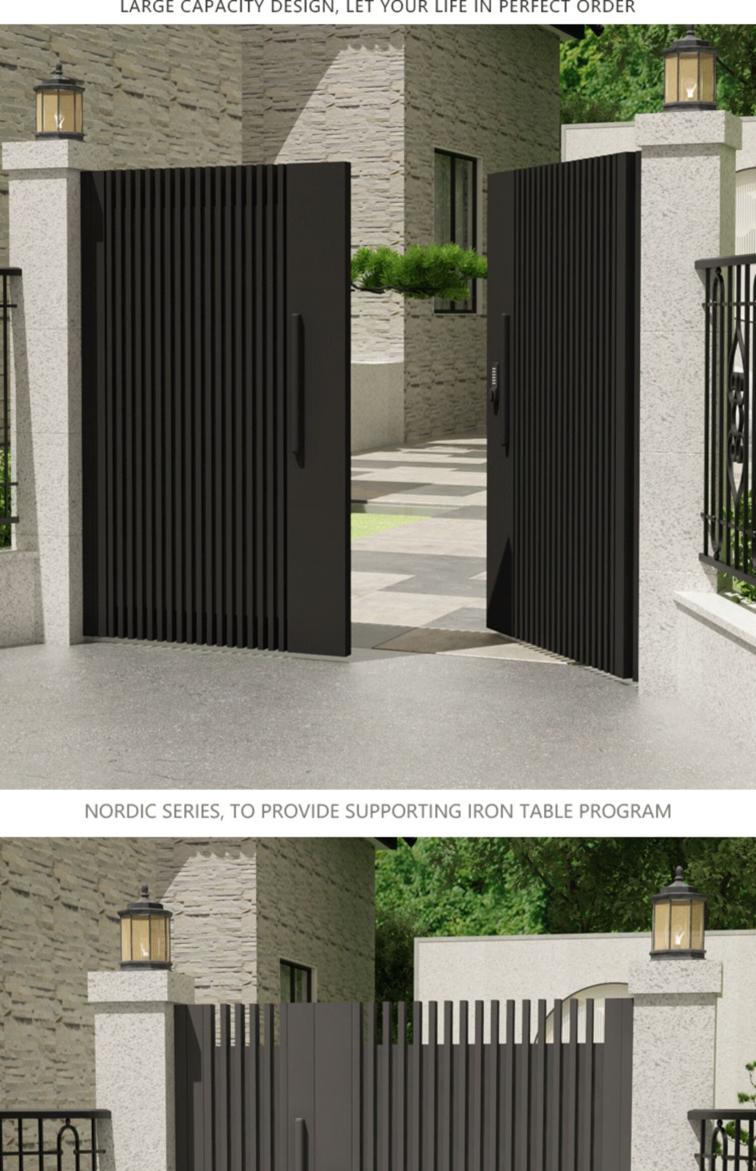 不锈钢庭院门户外塑木花园门现代别墅大门简约铁艺乡村院子对开门定制