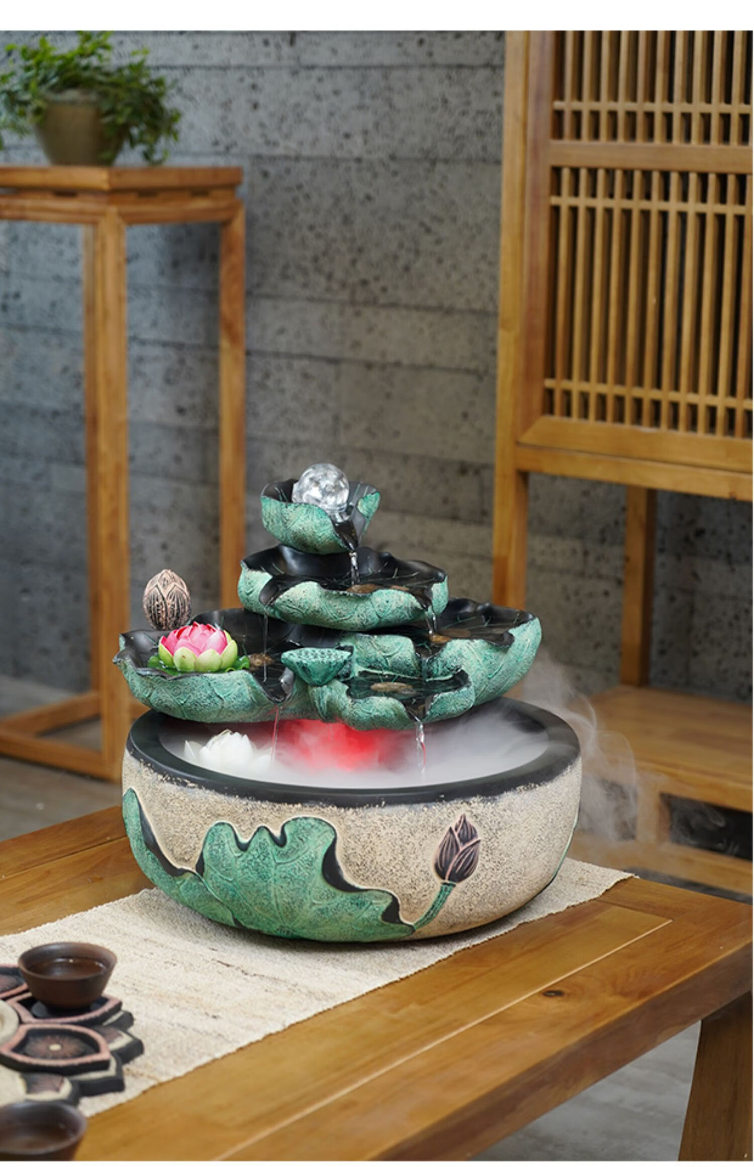 战宏创意喷泉流水摆件招财风水球水景加湿器中式风水轮客厅桌面小鱼缸