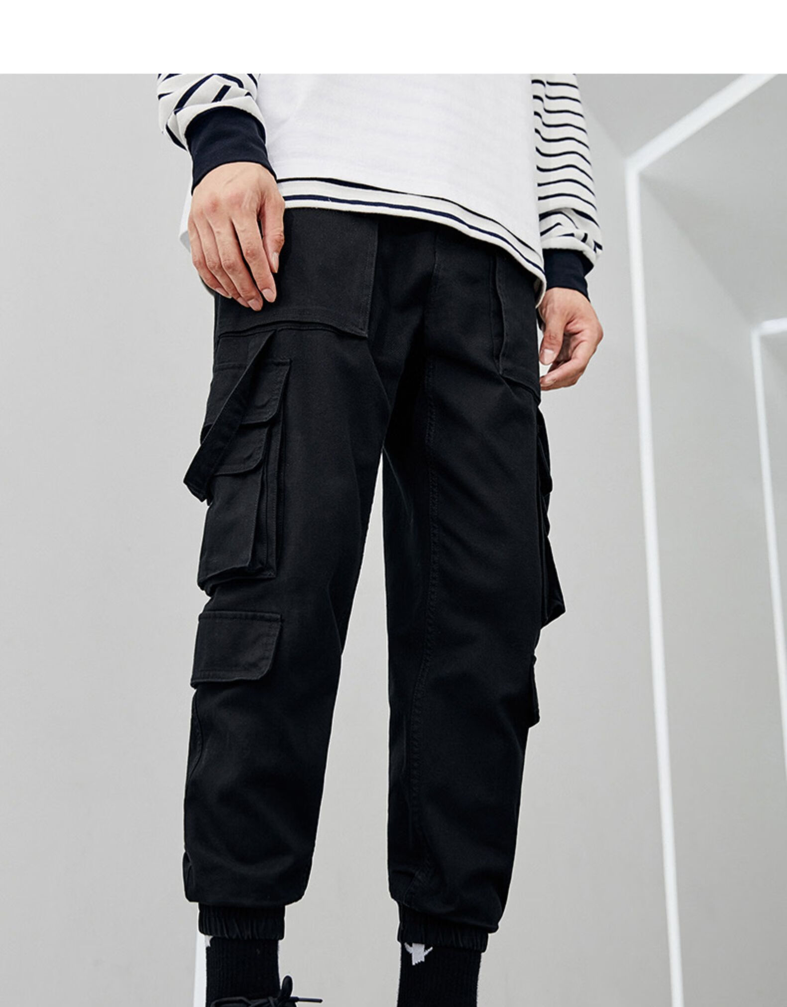 太平鸟男装新款休闲裤男韩版潮流时尚工装裤男多口袋工装伞兵裤黑色xl