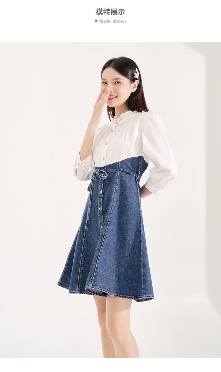 ief/爱依服连衣裙2021秋季新款气质小众时髦七分袖衬衫拼接牛仔裙1613