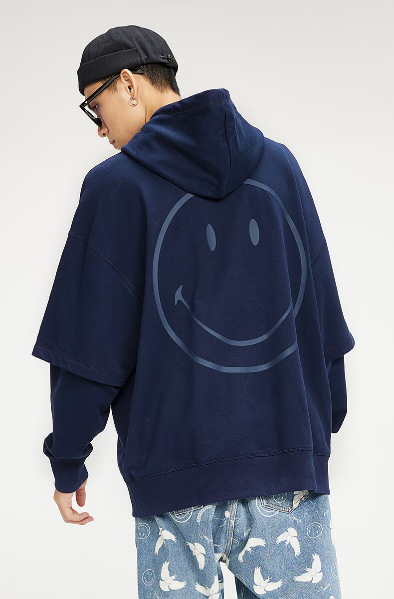 smiley笑脸假两件连帽卫衣22春季百搭潮流街头宽松纯棉套头上衣米白色